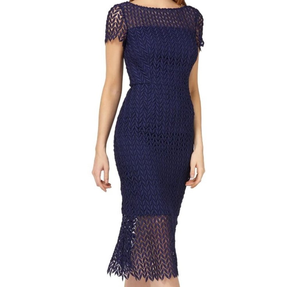 Kay Unger Midnight Blue Tatum Floral Lace Midi Dress